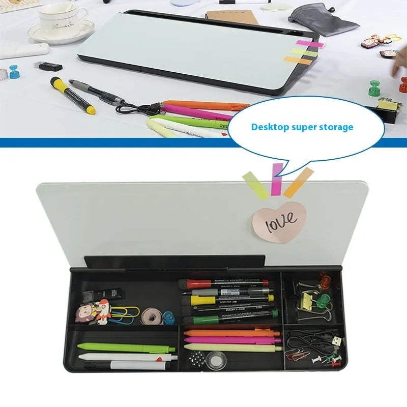 Table top glass whiteboard in black finish measuring 18x40cm with dry-erase marker
