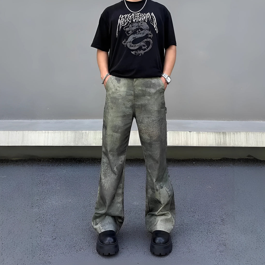 Retro digital camouflage pattern on straight-leg men's jeans with a mid-rise waist.