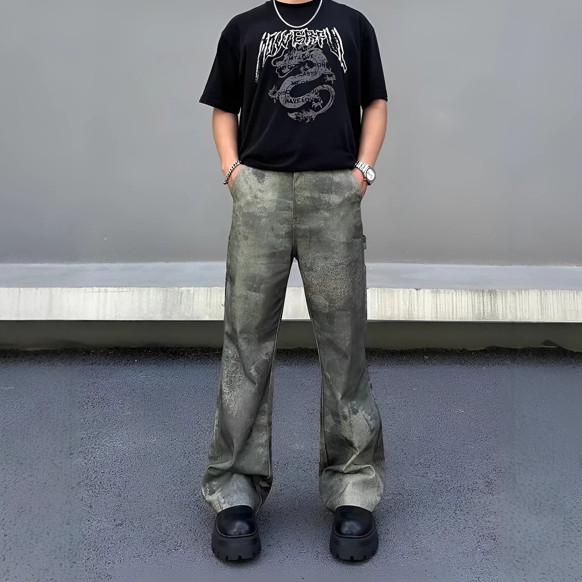 Retro digital camouflage pattern on straight-leg men's jeans with a mid-rise waist.