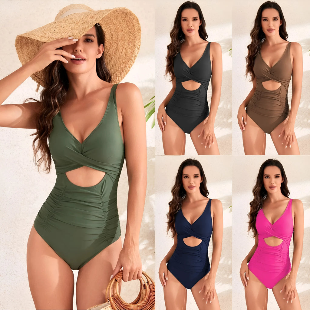 Women's solid colour high-waisted one-piece swimsuit with front cross-pack pleating detail