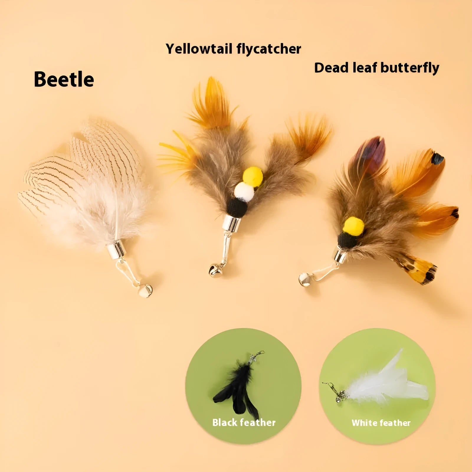Three steel wire cat toy replacement heads in small flying insect designs with scratch-resistant surface