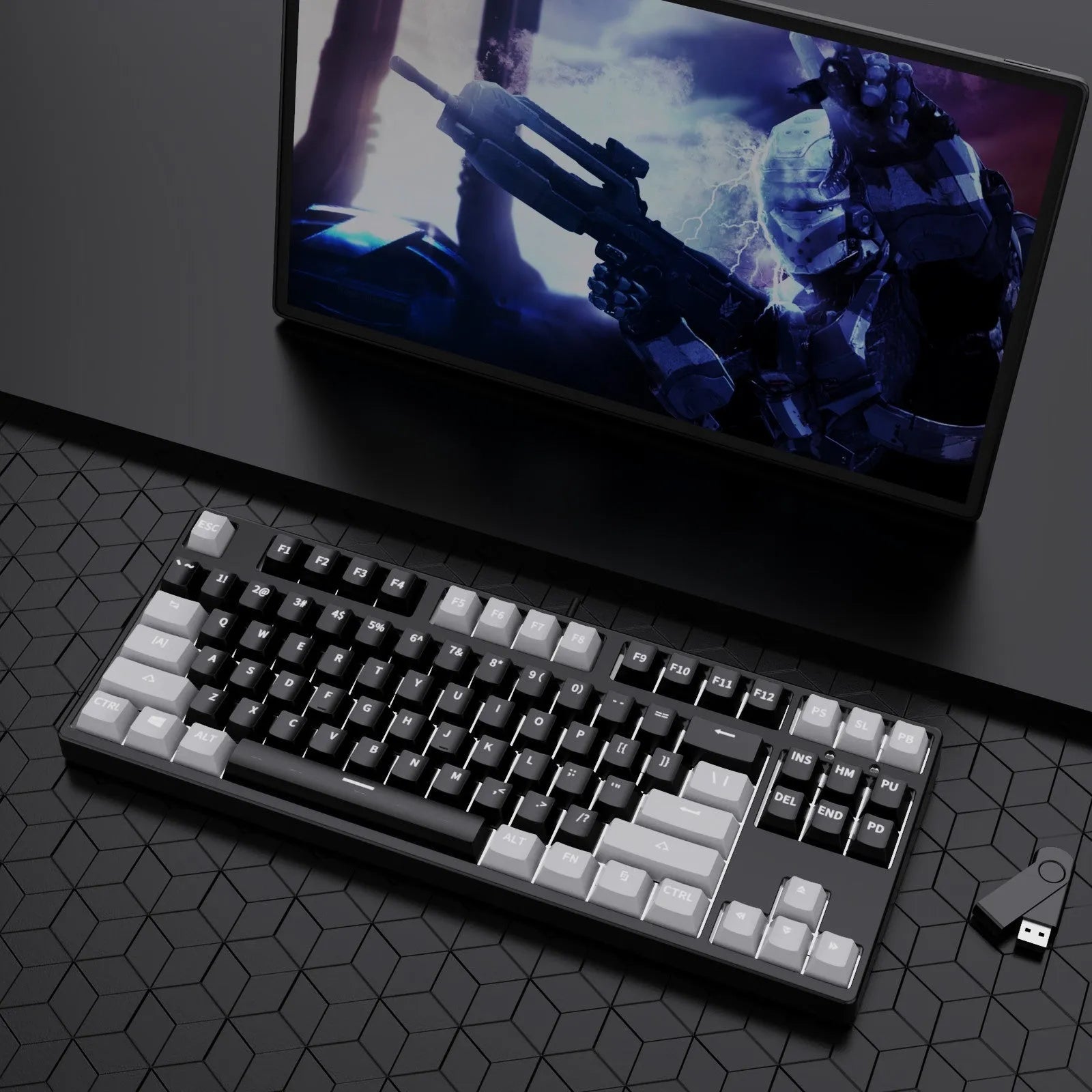87-key wired mechanical gaming keyboard with hot-swappable switches in dual-colour keycap configuration