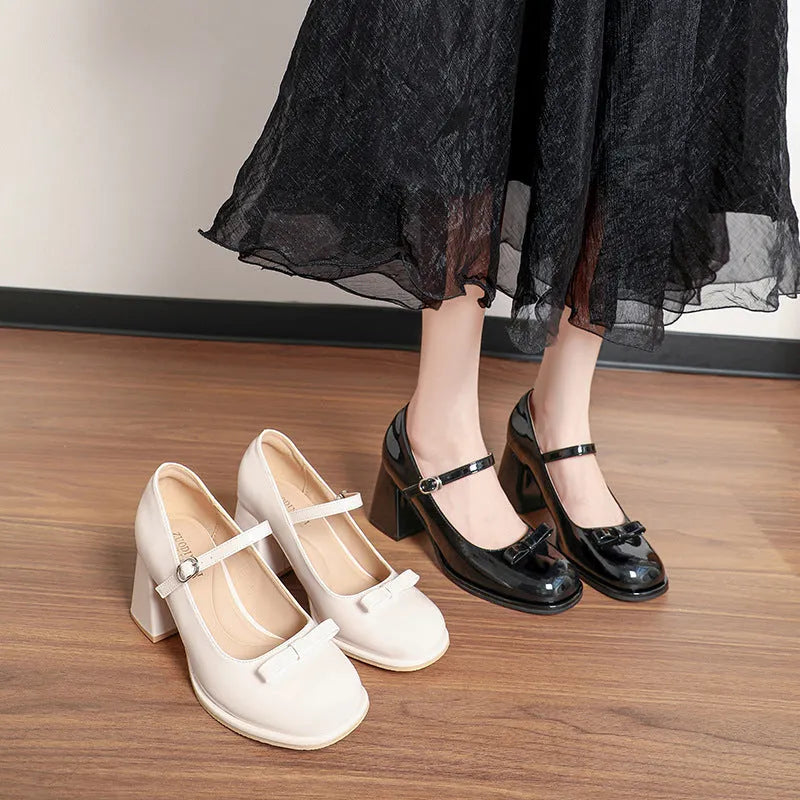 Chunky heel round toe Mary Jane shoes in solid colour, patent leather upper, low top for women