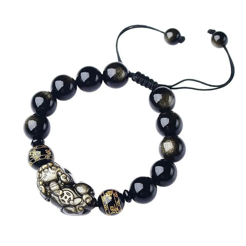 Hand-woven golden obsidian Pi Xiu bracelet with zodiac animal design in Chinese style