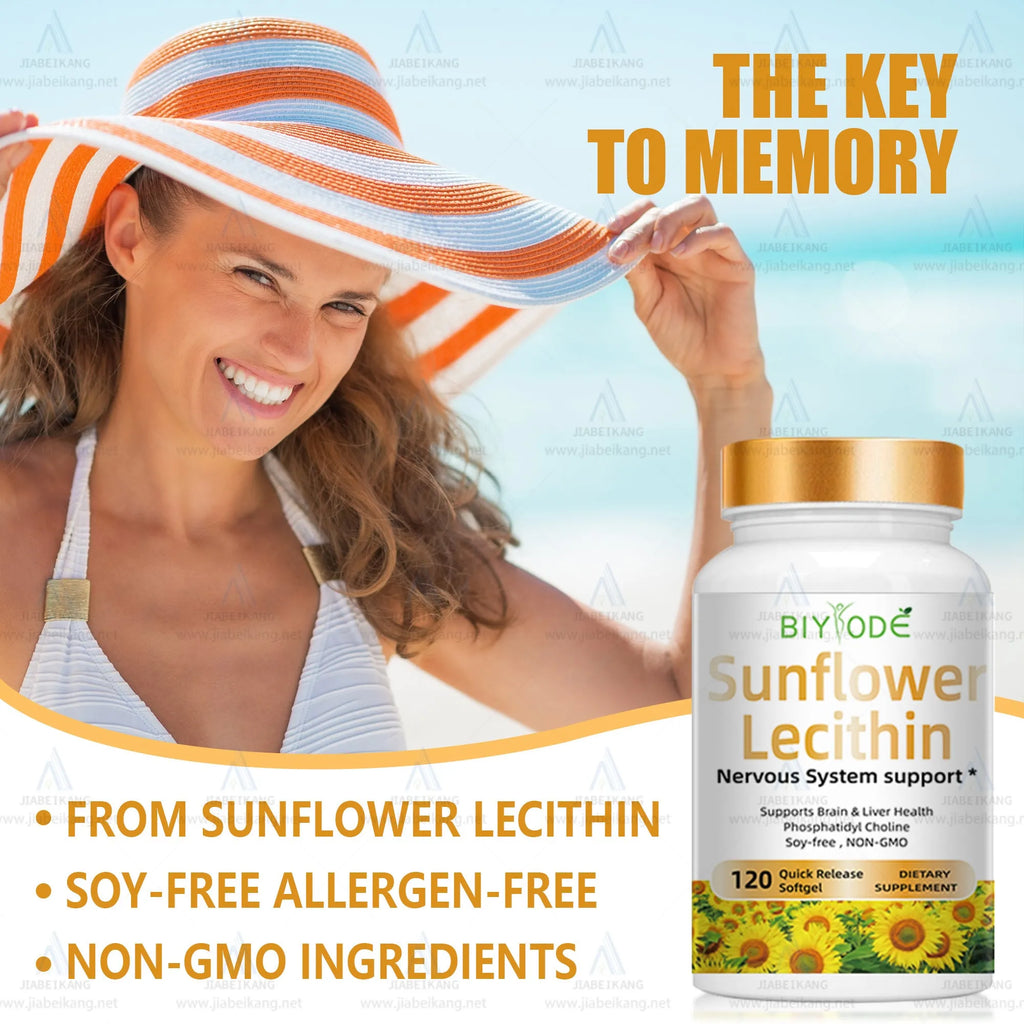 Bottle of sunflower lecithin softgels, 120 capsules, OEM private label supplement with custom colours and flavours