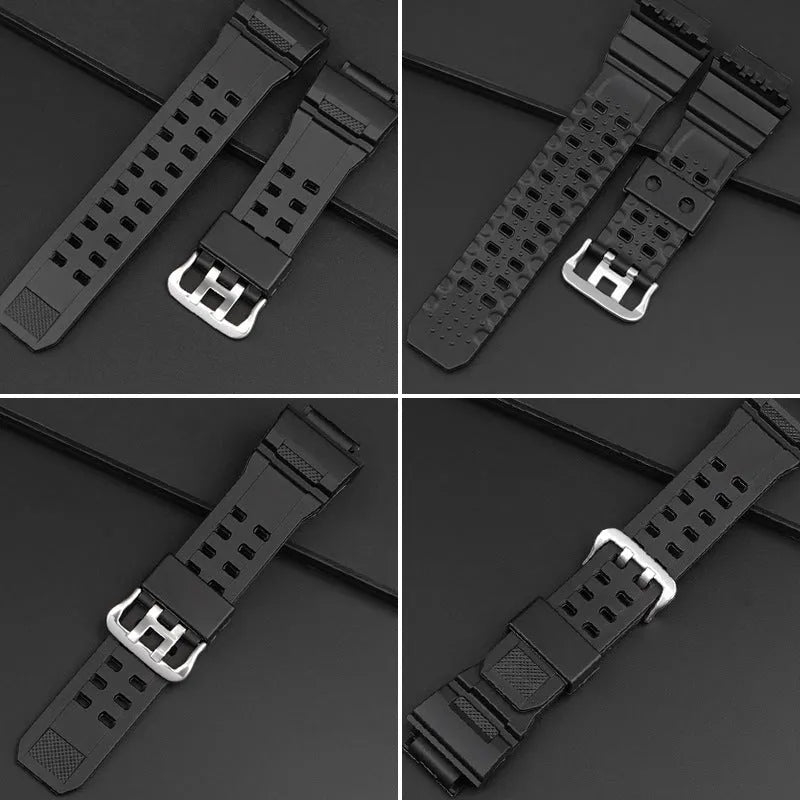 Camouflage patterned TPU resin watch strap with a silver buckle on a grey background.