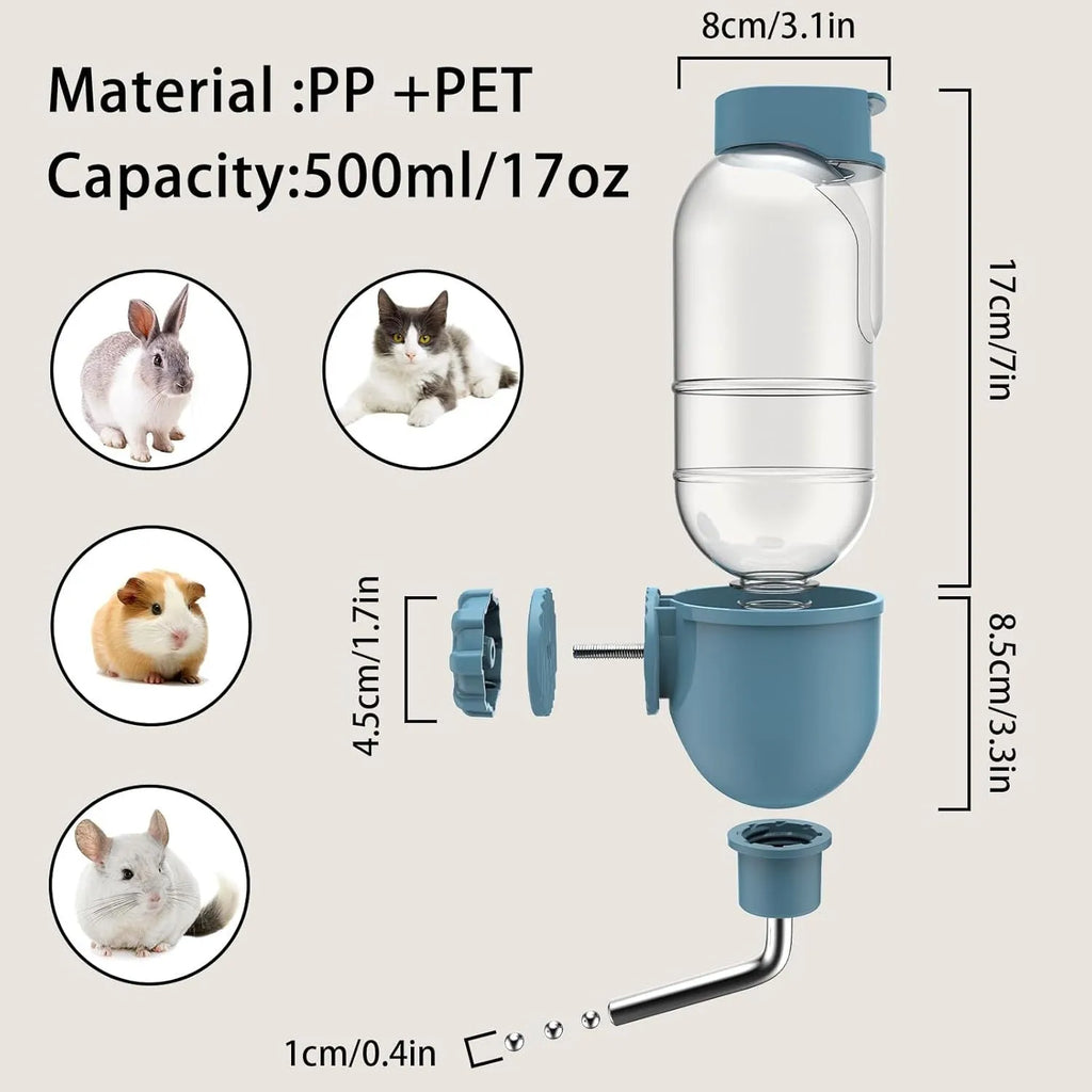 Blue small animal water bottle with rotatable nozzle and stainless steel ball valve for cage mounting.