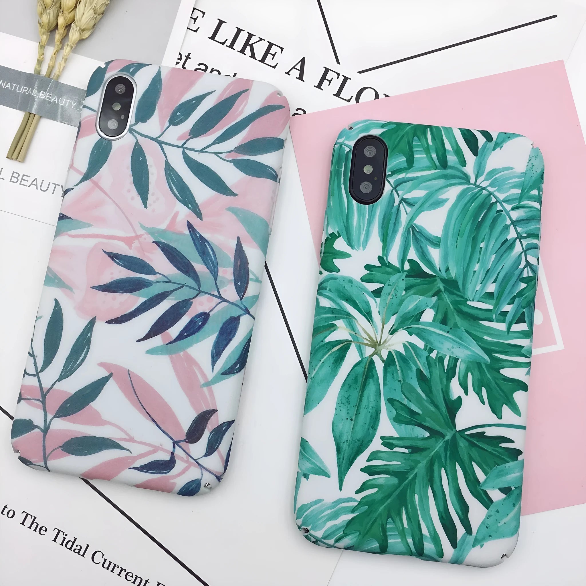 Green and pink painted hard plastic phone case back covers for OPPO, VIVO and iPhone models.
