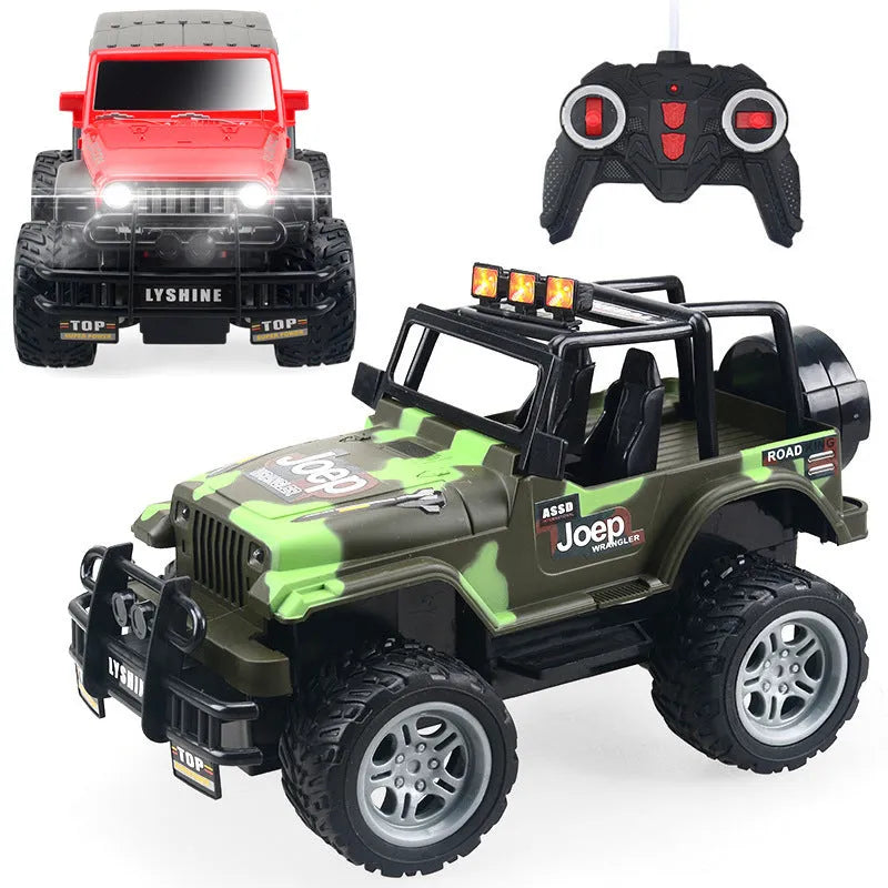 Children's four-way remote control car in green SUV style with flashing lights on a white background