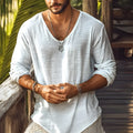 Beige slim fit V-neck long-sleeved T-shirt made from a breathable hemp blend fabric.