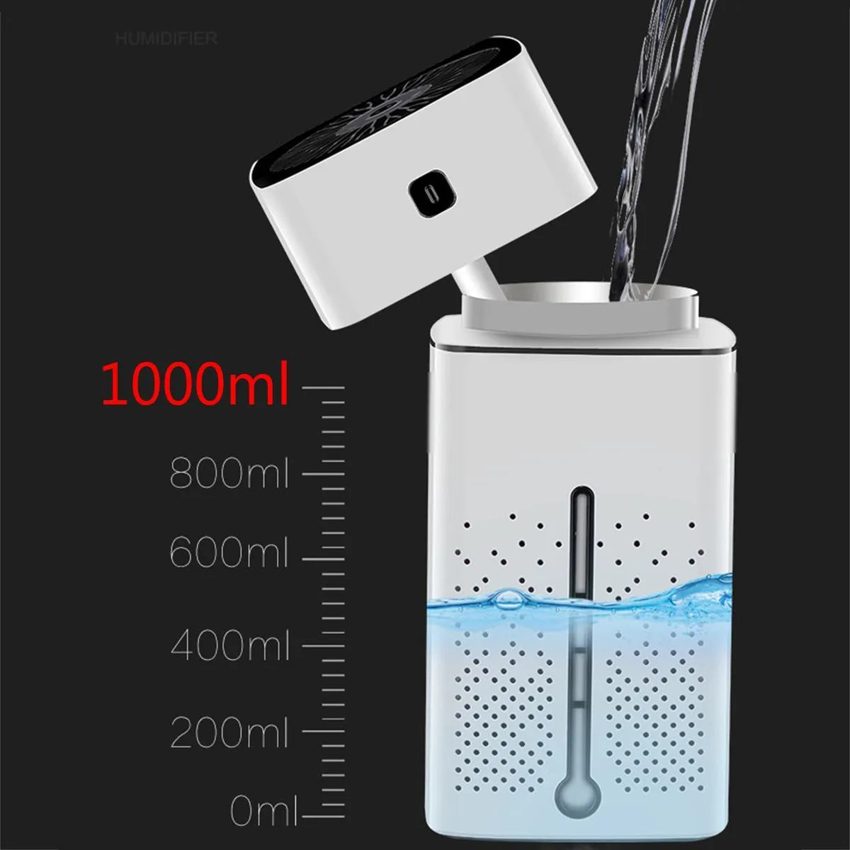 Black or white desktop ultrasonic humidifier with 1000ml tank and USB cable on a wooden desk.