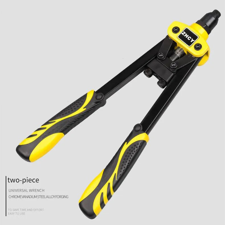 Yellow 13-inch manual household rivet gun with three built-in tips for 3.2mm, 4.0mm, and 4.8mm rivets.