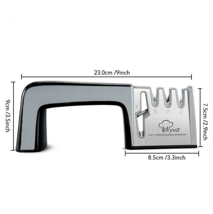 4-in-1 manual kitchen knife sharpener with black and cyan TPR handle, showing sharpening slots.