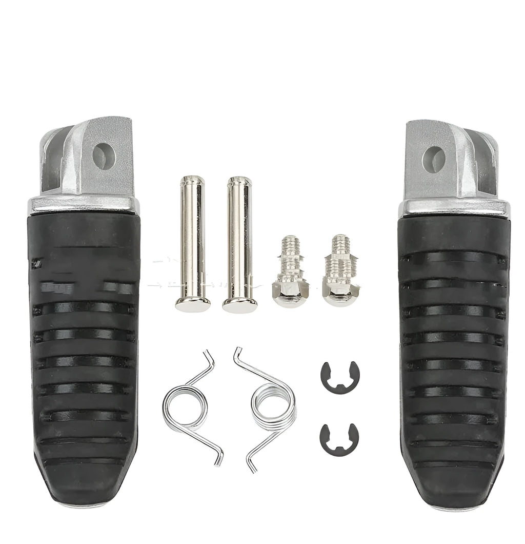 Black aluminium alloy motorcycle footpegs replacement set for Suzuki models on a plain background.