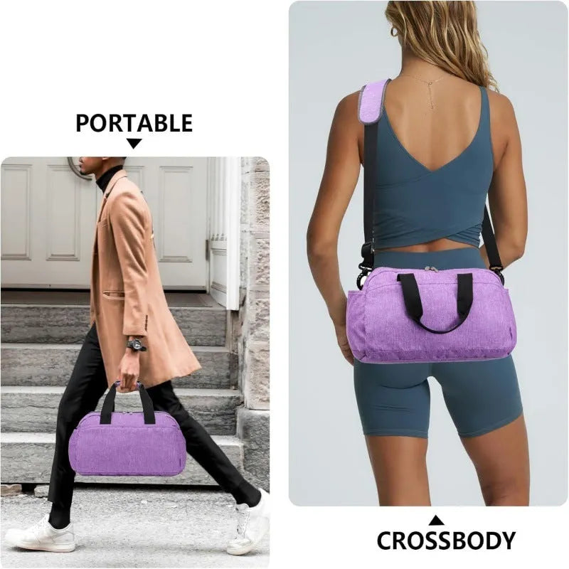 Small polyester portable luggage bag in grey with curved shoulder strap on white background