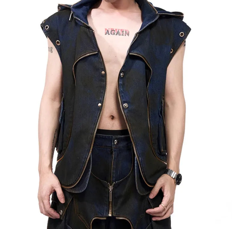 Blue hooded denim vest coat with matching trousers set on mannequin