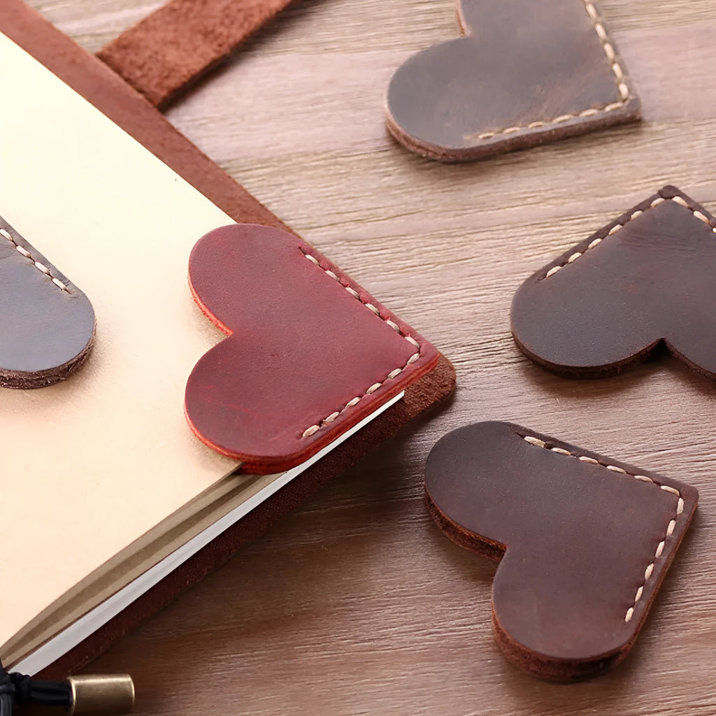 Heart-shaped leather bookmark in brown, handmade from first layer cowhide, 5x5 cm