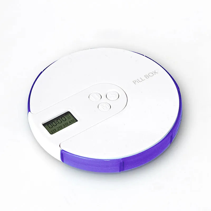 Compact 7-compartment alarm clock pill dispenser with digital timer display in multiple colours.