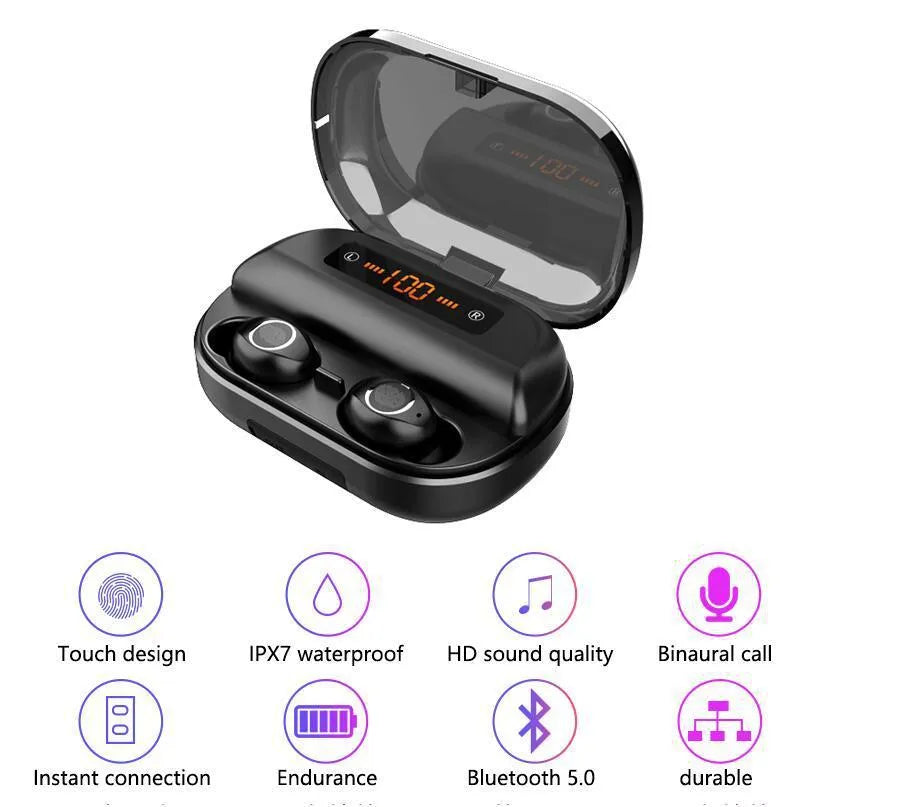 Wireless Bluetooth headset earbud in black with battery display