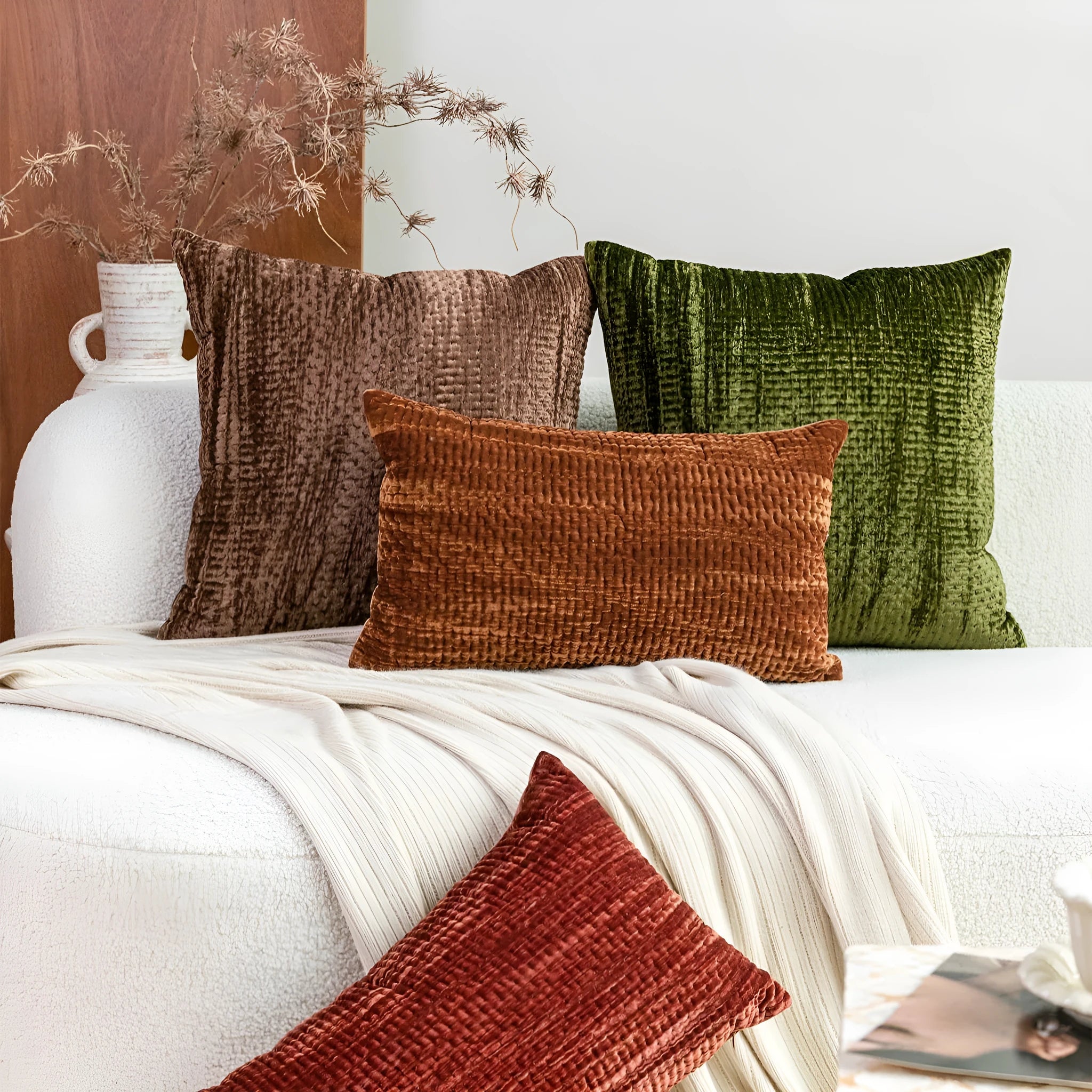 Antique style quilted cushion pillow in green, red, mocha, or orange, shown in square and waist sizes.