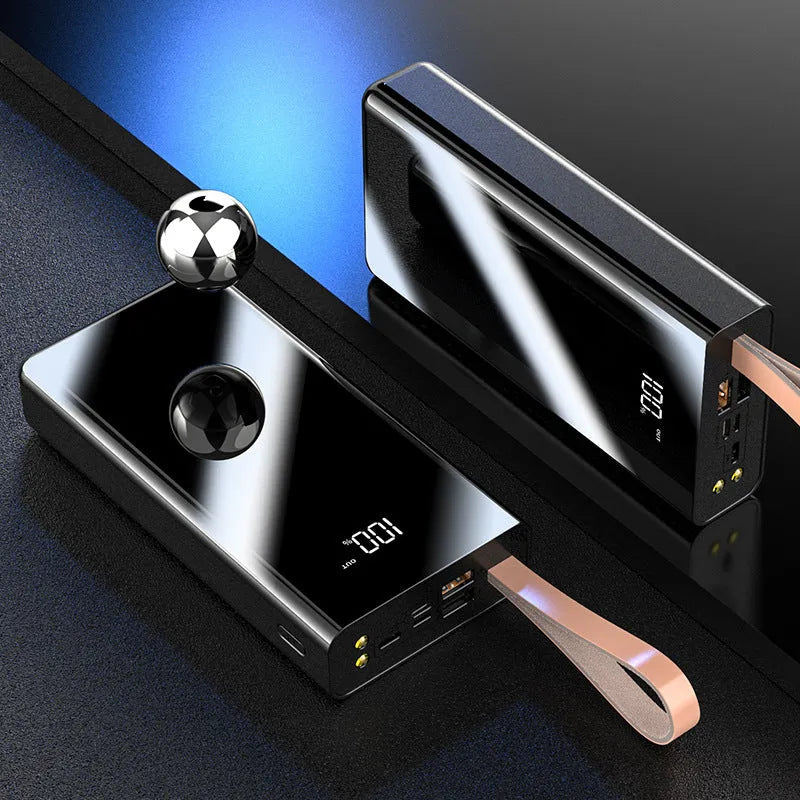 Mirror digital display large capacity power bank 20000mAh or 30000mAh in black, with multi-U port output