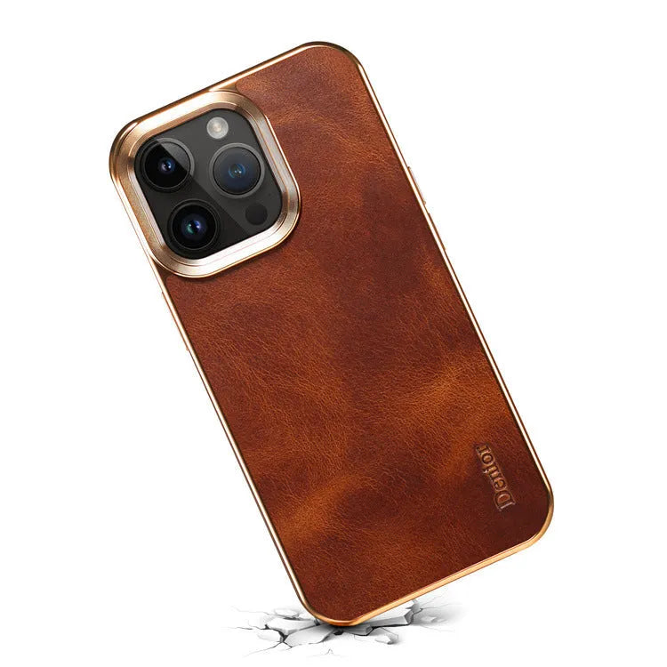 Handmade brown leather iPhone case showing textured finish and slim profile.