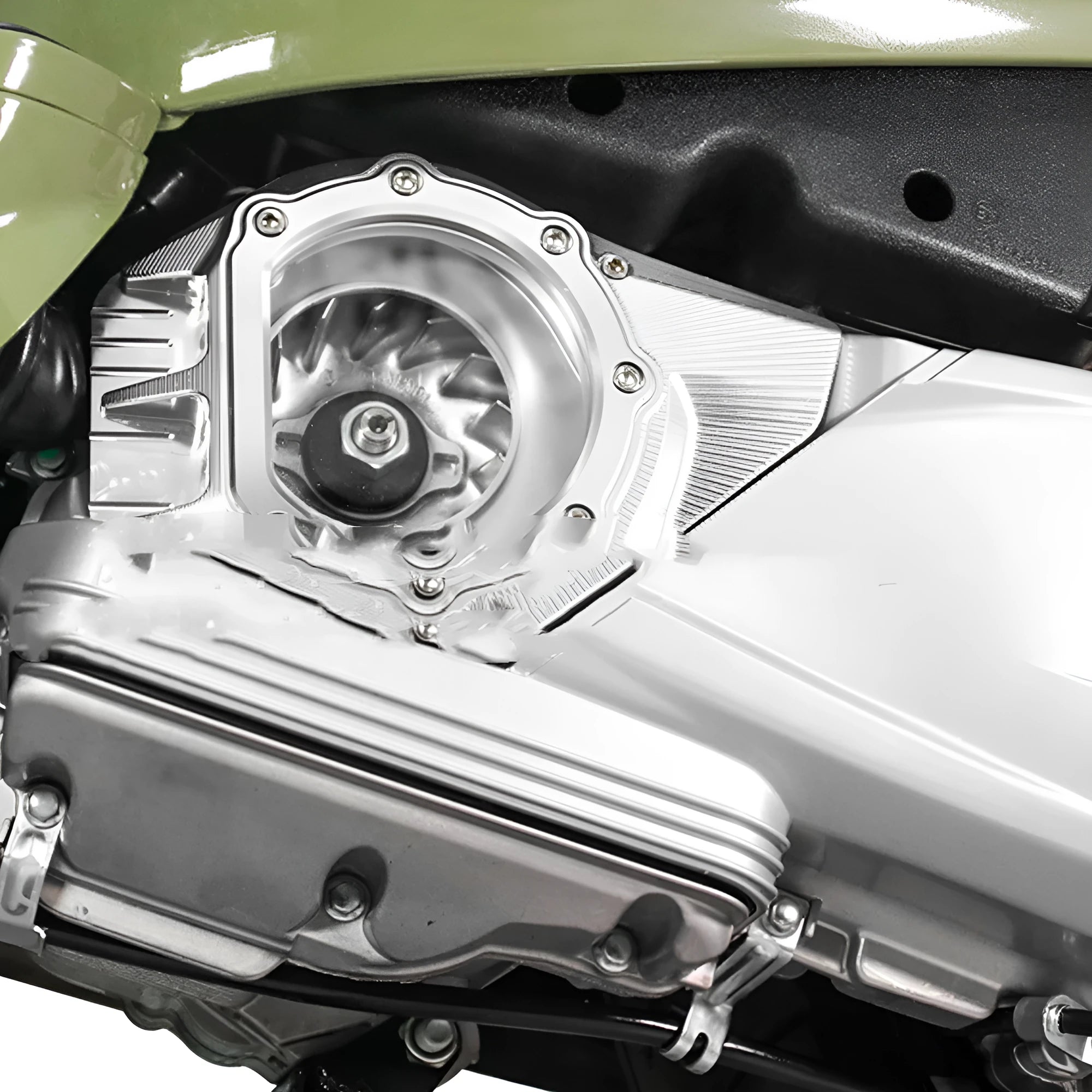 Vespa Primavera scooter clutch intake cover in black, red, silver, and titanium finish options