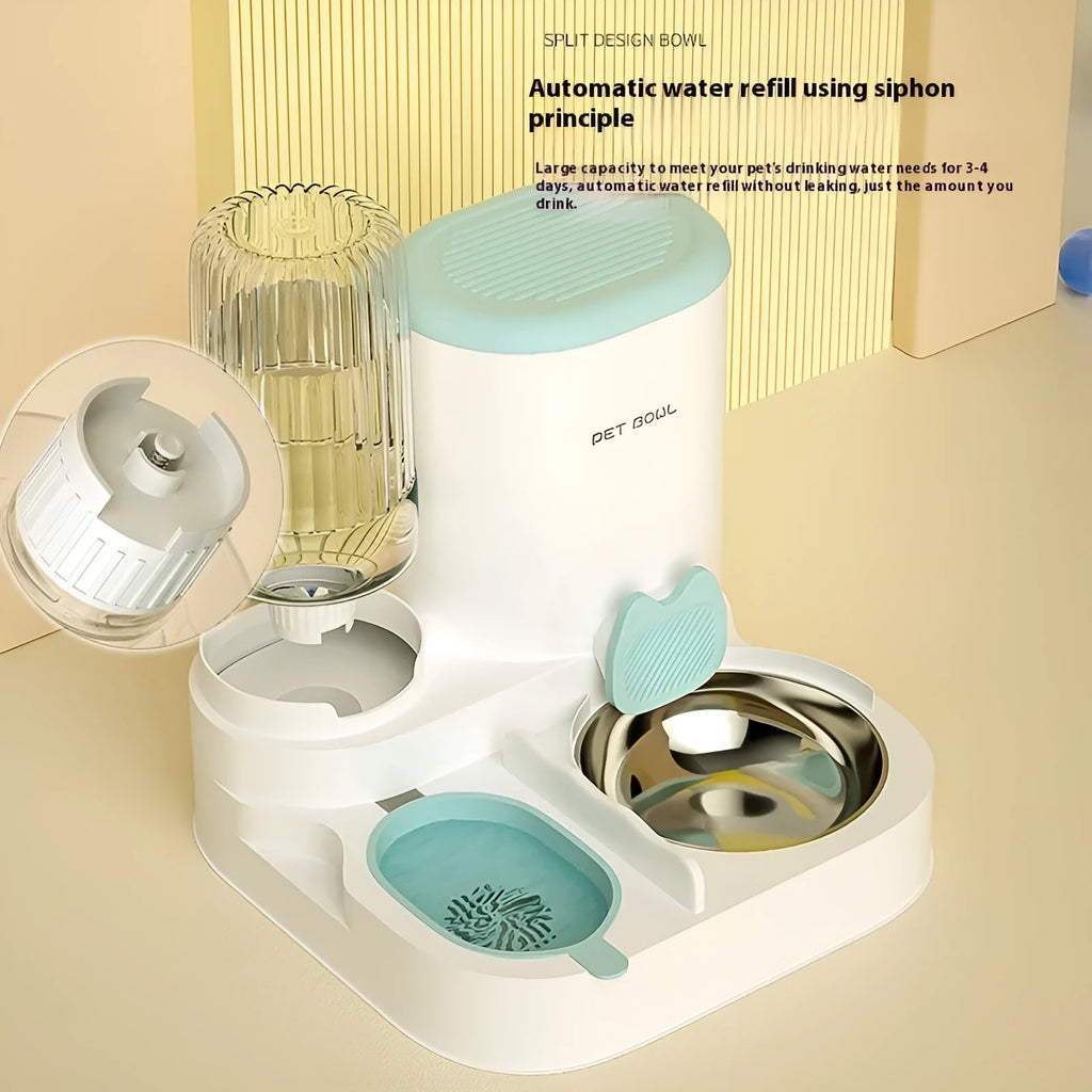 Automatic cat food and water fountain with integrated double stainless steel bowls in avocado green.