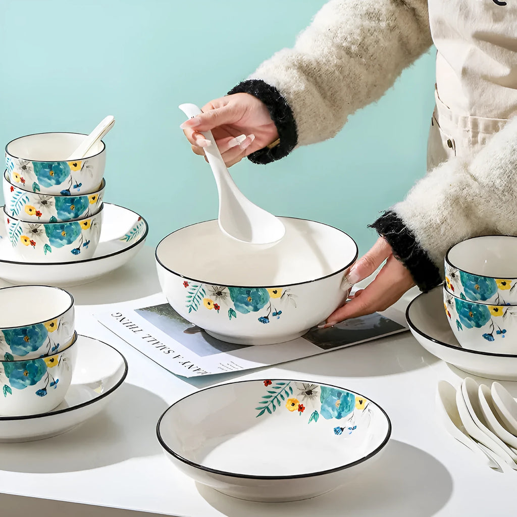 Flower In Ink 22-piece bone china style porcelain dinner set with floral pattern bowls spoons and plates