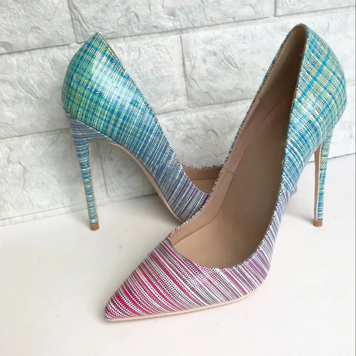 Ladies' pink-to-blue gradient patent leather high-heel shoe with a pointed toe on a rubber sole.