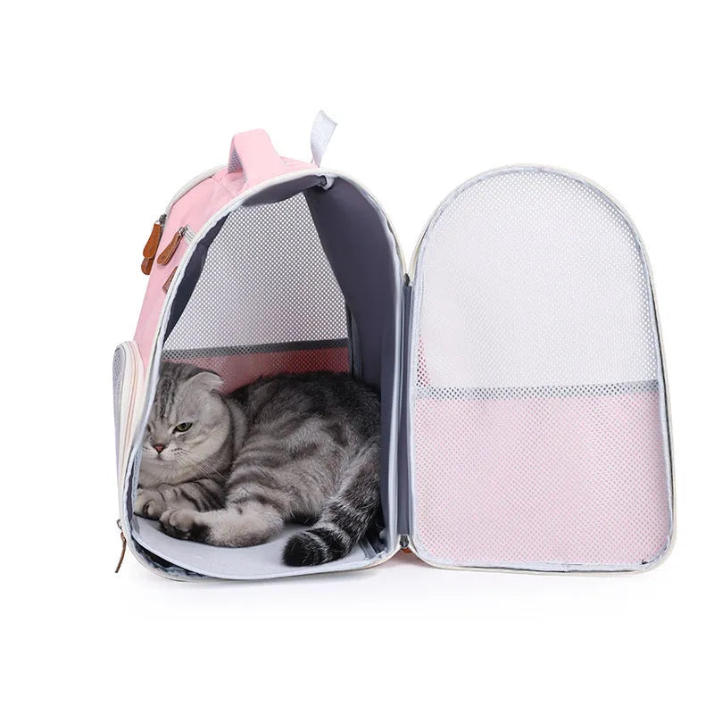 Four Sides Breathable Pet Bag foldable Oxford cloth portable pet carrier in beige with cartoon pattern