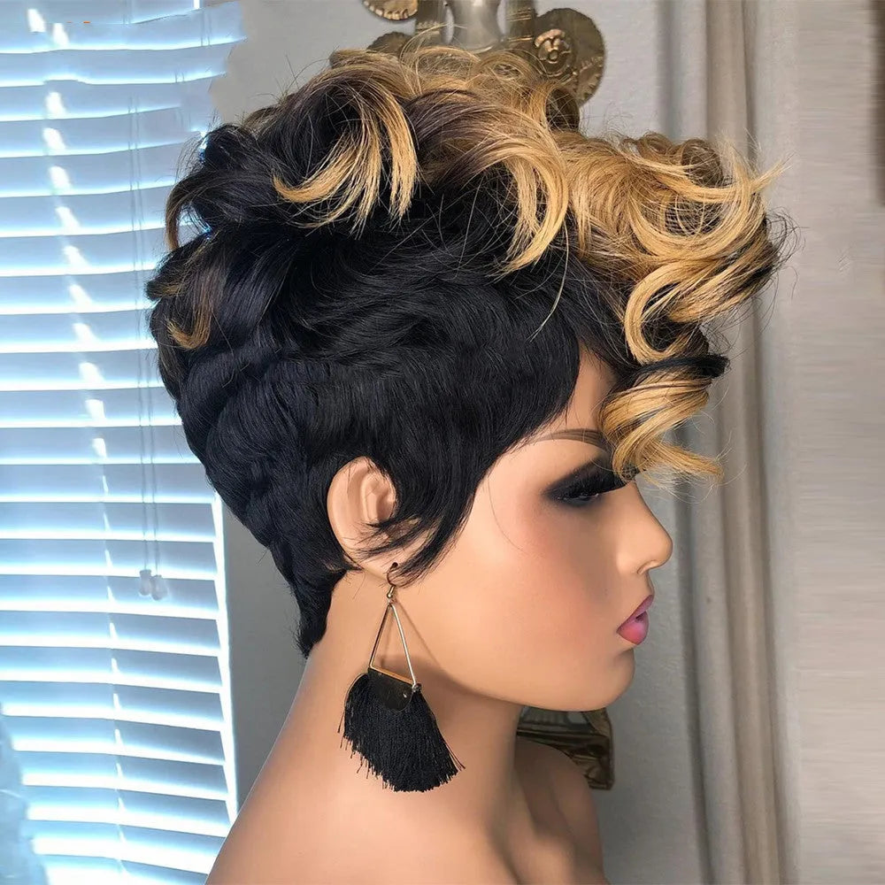 Short curly wig with Qi bangs, high temperature wire, 15cm length, adjustable elastic buckle for 52-56cm head circumference