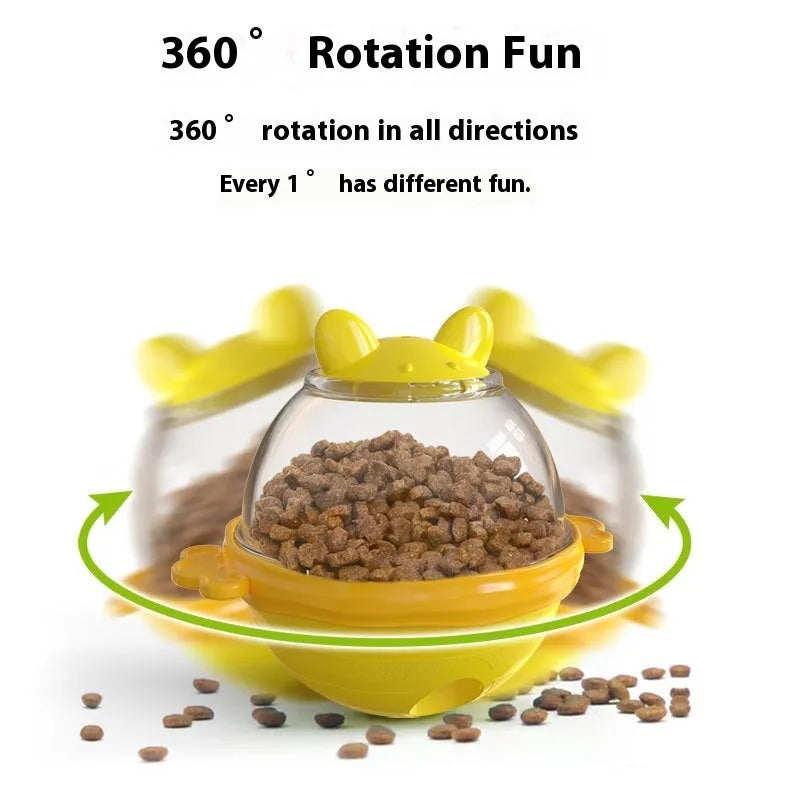 Yellow TPR dog food feeder tumbler toy with measurements 11.2 x 13.9 x 12.2 cm for slow feeding enrichment