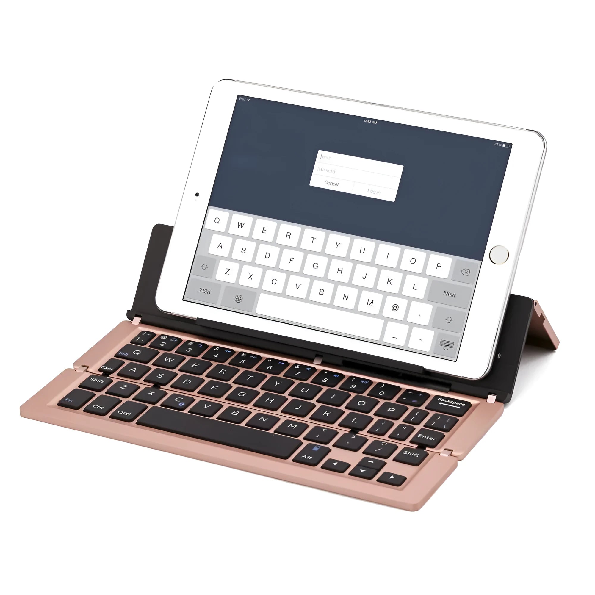 F18 three-fold folding aluminium alloy Bluetooth keyboard in silvery finish, folded to compact size