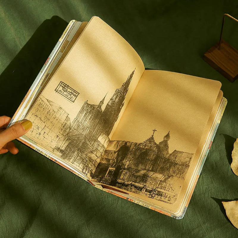 Carving Time A5 kraft paper notebook with European retro illustrations in blue, coffee or red colours