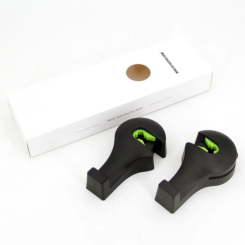Creative car seat hook in black, made of ABS and silicone, holding a bag with 10KG capacity, pack of 2