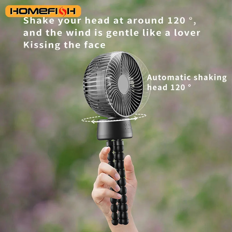 HOMEFISH handheld fan with mounting bracket attached, showing removable front mesh guard.