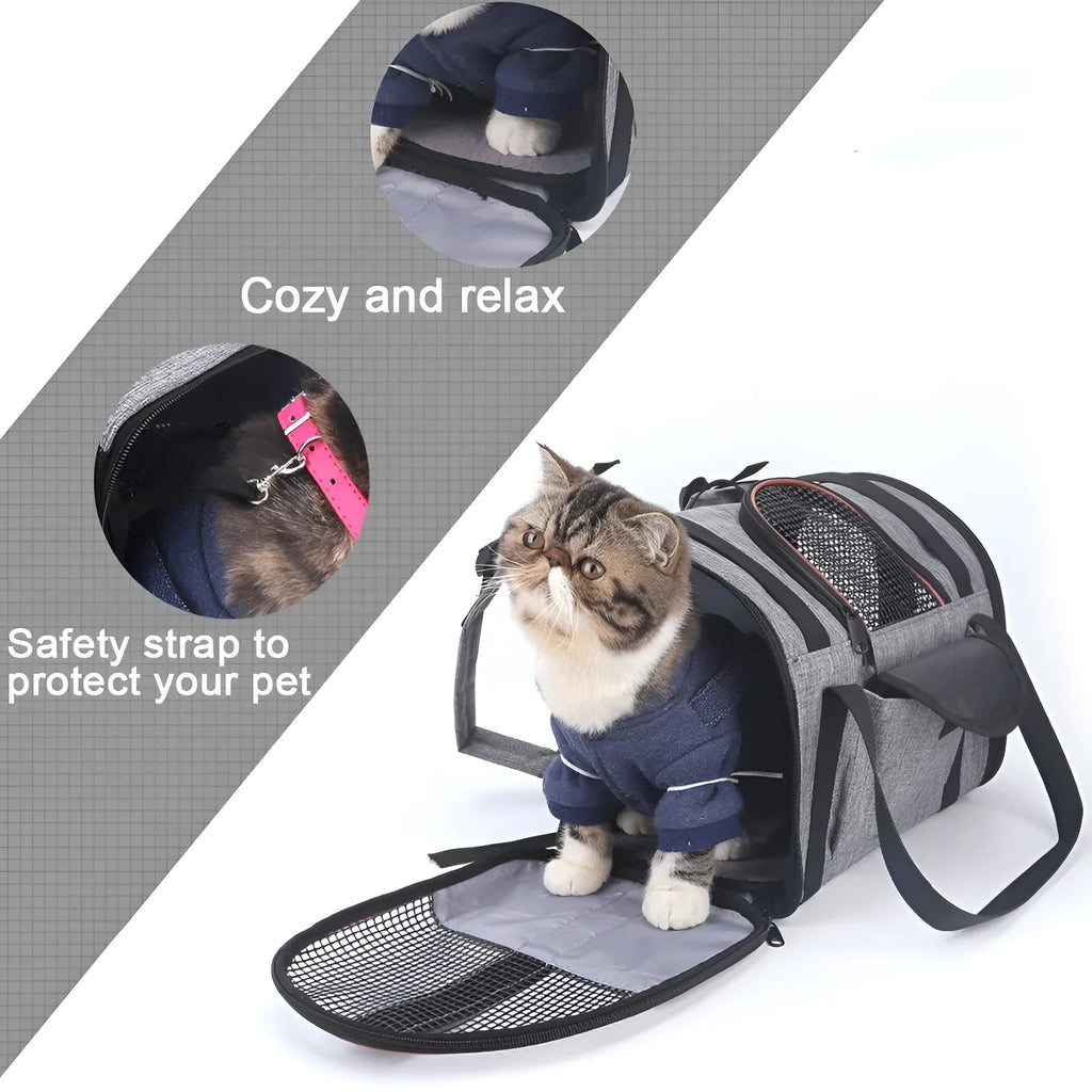 Multi-functional folding pet carrier bag for cats and dogs, frosted leather waterproof PVC, brown, unfolded size 35x23x28 cm