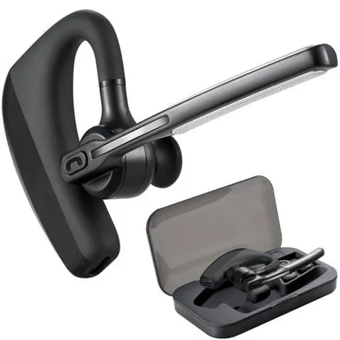 Black true wireless Bluetooth headset with charging case showing separate left and right earpieces