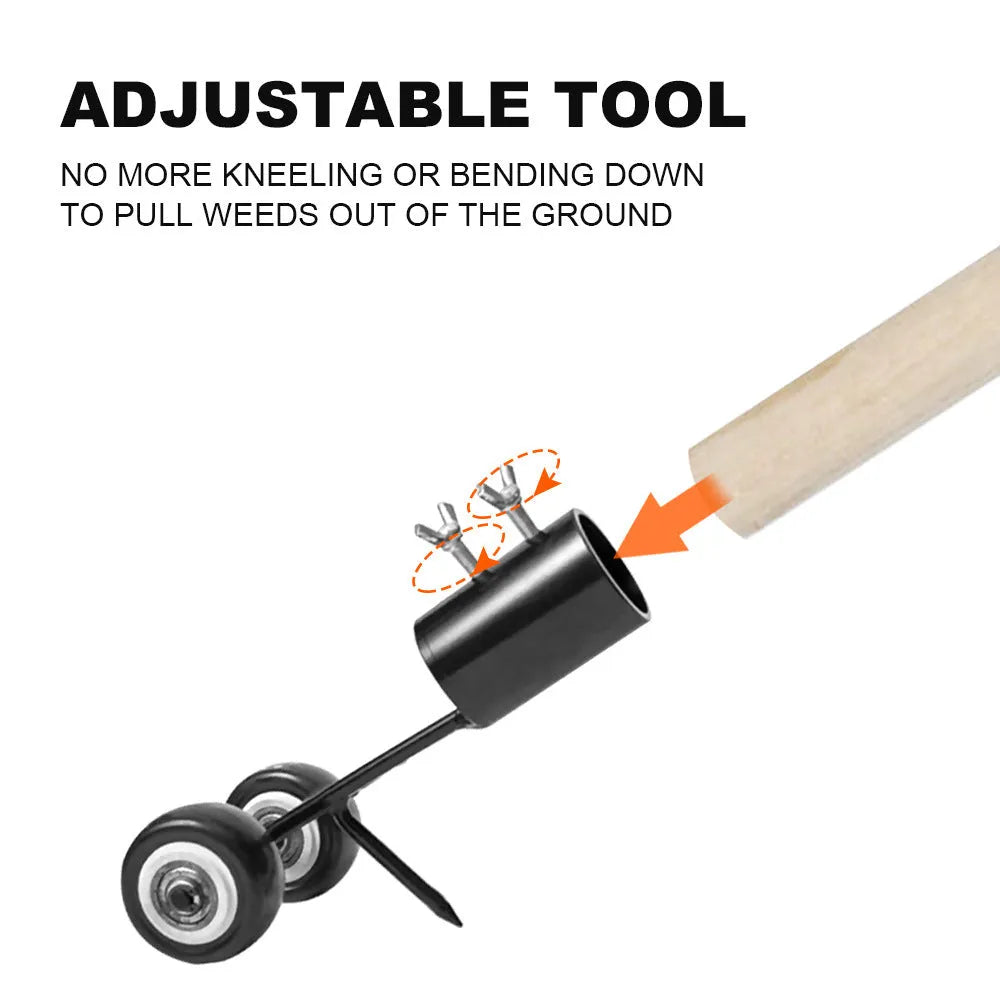 Manual weed puller set with telescopic rod, gap weeder head, and sickle weeder on a garden lawn