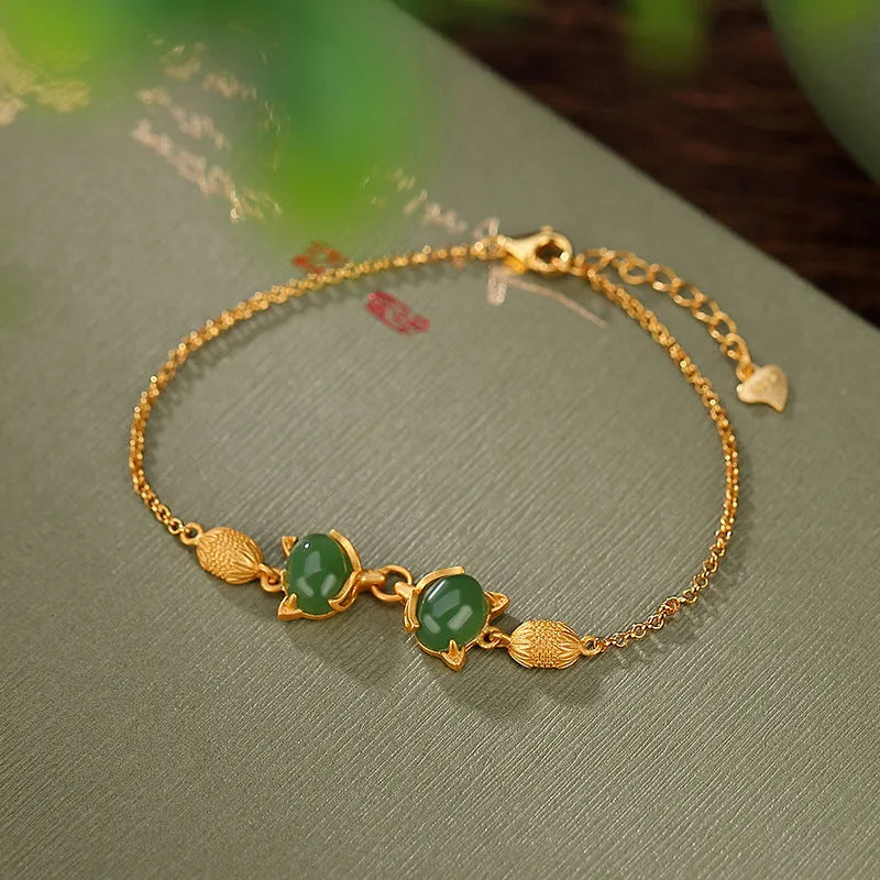 925 sterling silver bracelet with fox charm and natural stone bead on adjustable chain
