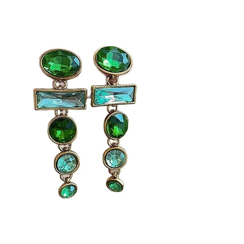 A pair of green gradient geometric earrings with an inlaid zircon stone in a Chinese style.