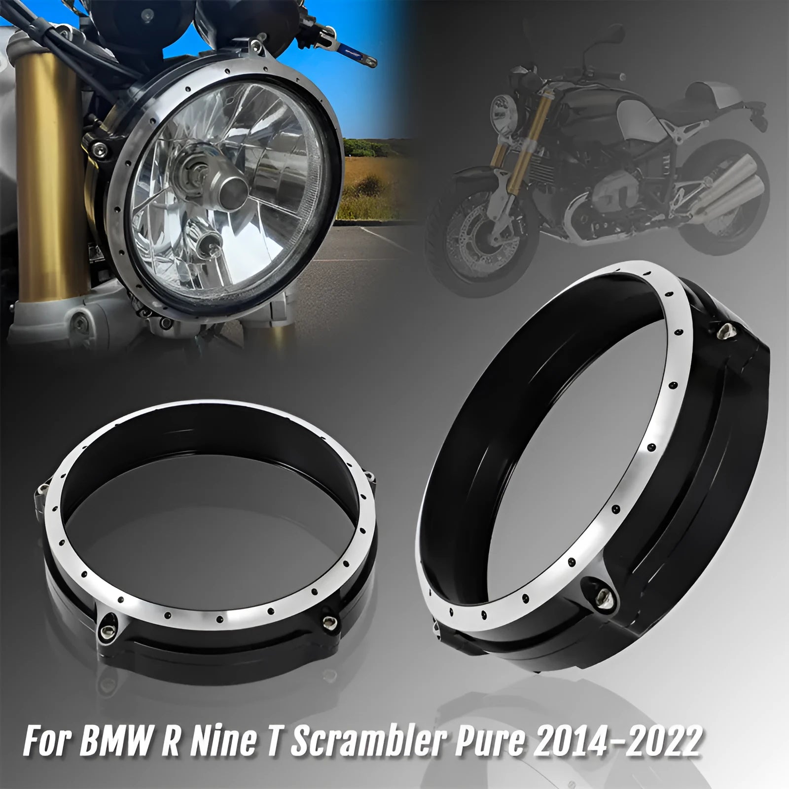 Black CNC aluminium headlight cover frame for BMW R Nine T Scrambler motorcycle