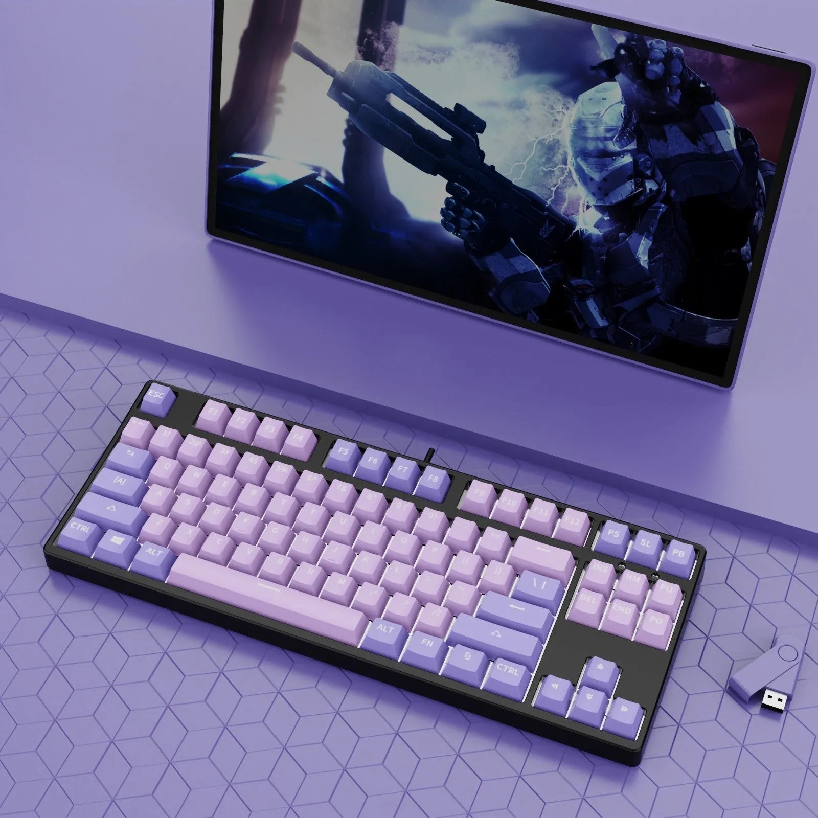 87-key wired mechanical gaming keyboard with hot-swappable switches in dual-colour keycap configuration