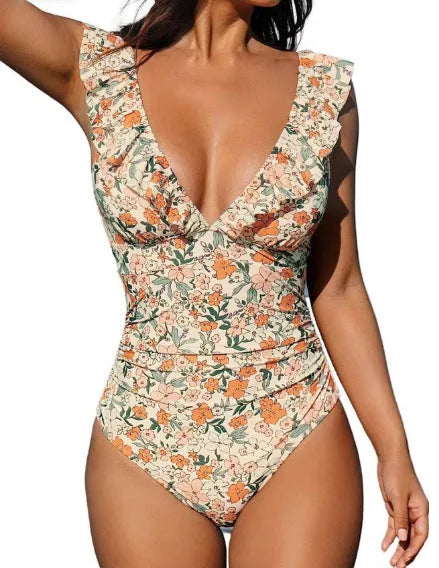 Women's apricot floral one-piece V-neck swimsuit with lace-up and flounce detail