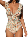 Women's apricot floral one-piece V-neck swimsuit with lace-up and flounce detail