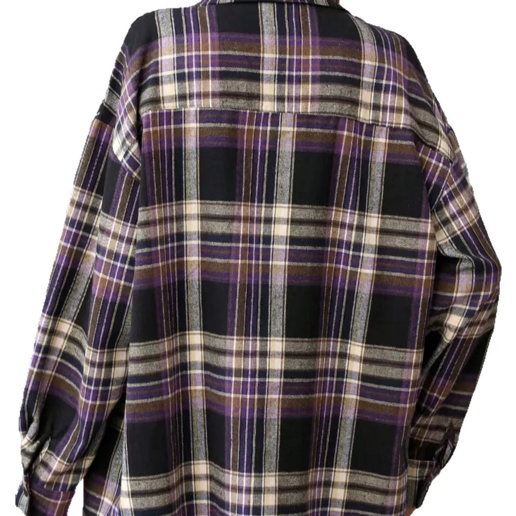 Women's casual loose retro plaid cotton shirt in black green purple colours