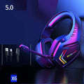 Black RGB wireless Bluetooth headset with noise reduction on a head model.