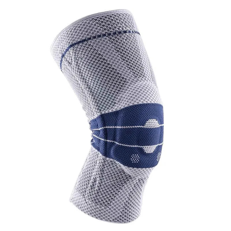 Adult sports kneecaps in black and blue colour, made from nylon and spandex material.