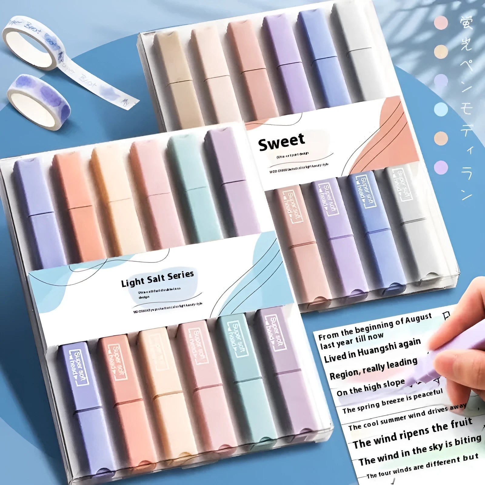 Set of double-headed fluorescent marker pens showing two coloured tips, available in mix colours or themed series packs.